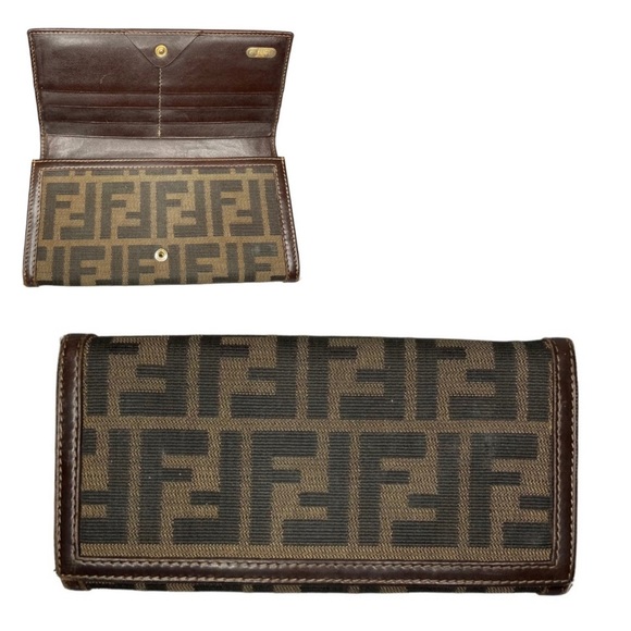 Fendi Handbags - Authentic FENDI Zucca Canvas & Brown Smooth Leather Vintage Long Wallet